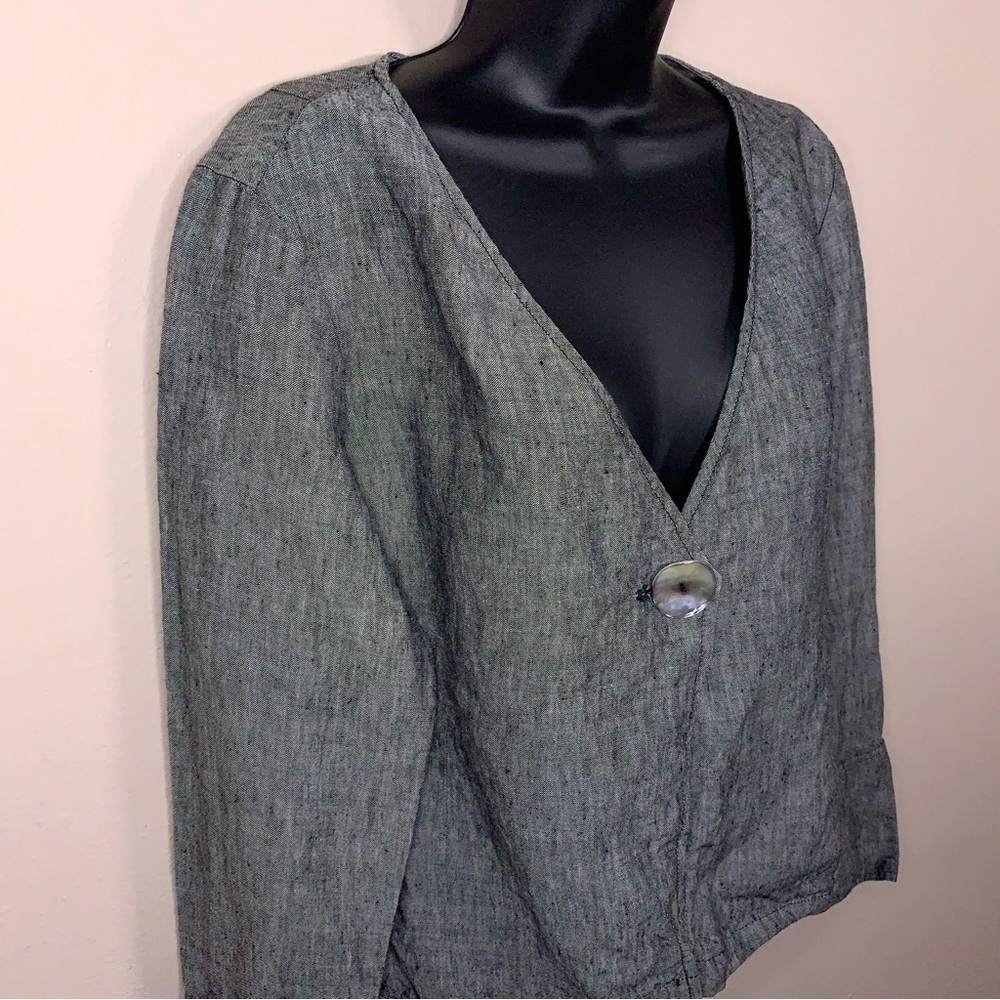 Small Willow Slate Grey Blue Linen Long Sleeve Top Plunge Vneck Design Goth Boho - Picture 9 of 16